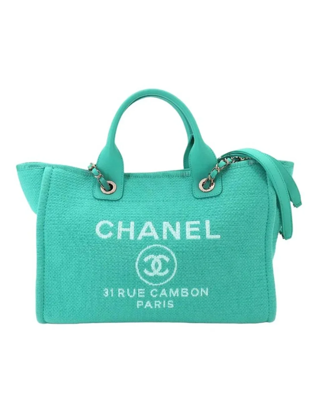 Chanel Deauville Small Shopping Tote Chain Shoulder Bag Canvas Leather